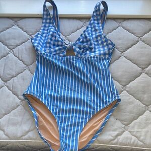 J. Crew Blue and White Striped One-Piece with Front Knot